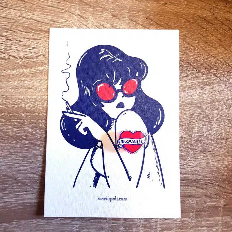 Pin's et carte postale - marie poli - chez laurette
